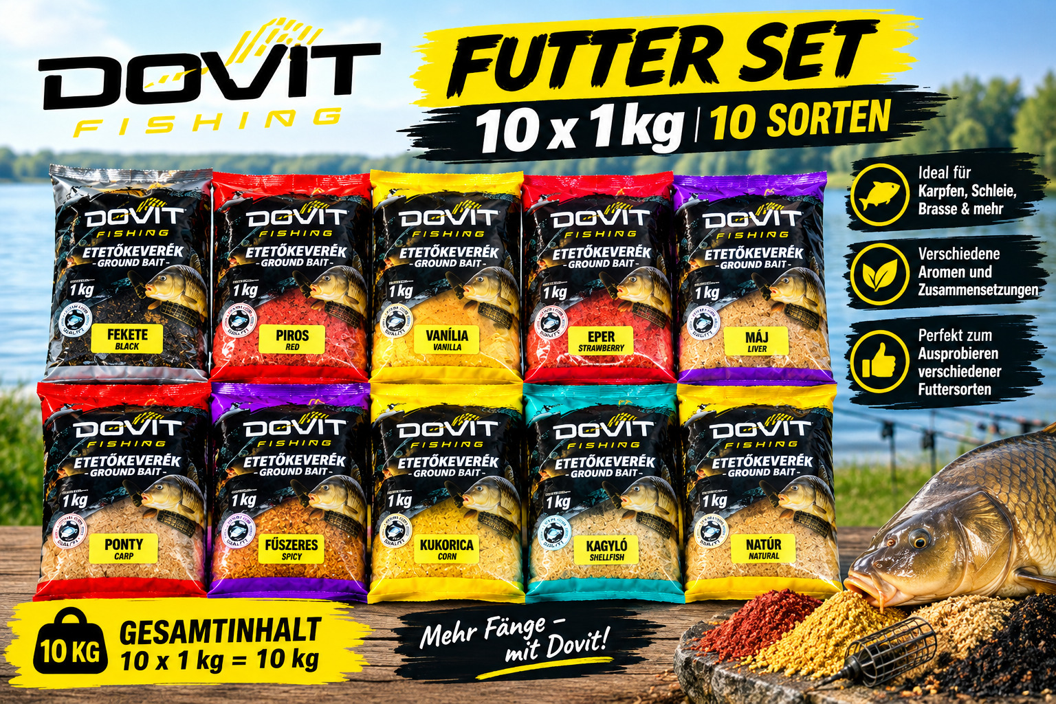 Dovi Karpfenfutter 10kg. verschiiedene Aromen mit 1 kg  Angelnfutter Grundfutter